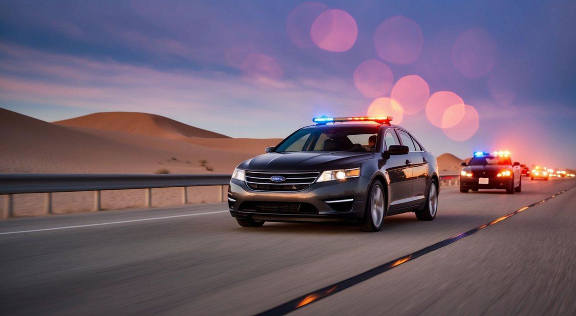 A car swerving on a desert highway with flashing police lights behind