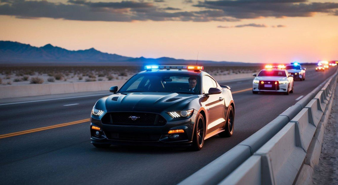 A car swerves on a desert highway, police lights flashing behind it