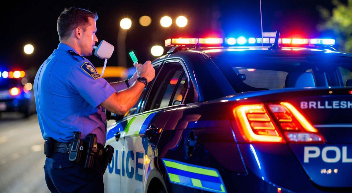 A car pulled over by police at night, with flashing lights and a breathalyzer test being administered to the driver
