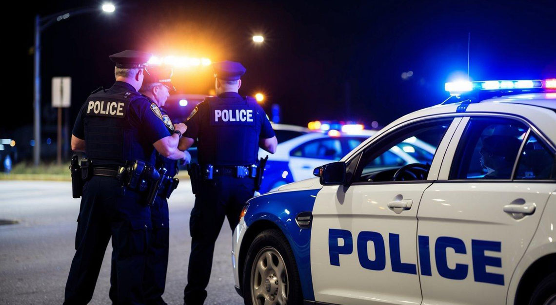 Police car pulling over a vehicle at night, with flashing lights and officers conducting field sobriety tests