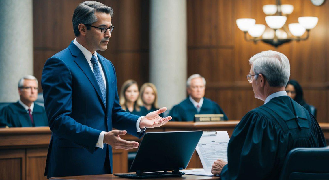 A courtroom with a defense attorney presenting evidence and arguments to a judge and jury